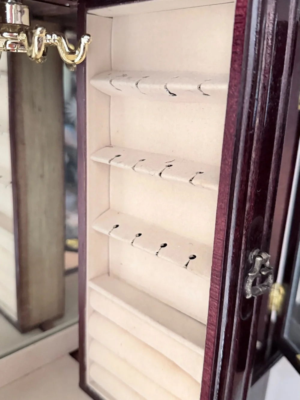 Wooden Mirrored Jewelry Cabinet in Deep Mahogany jewelry
